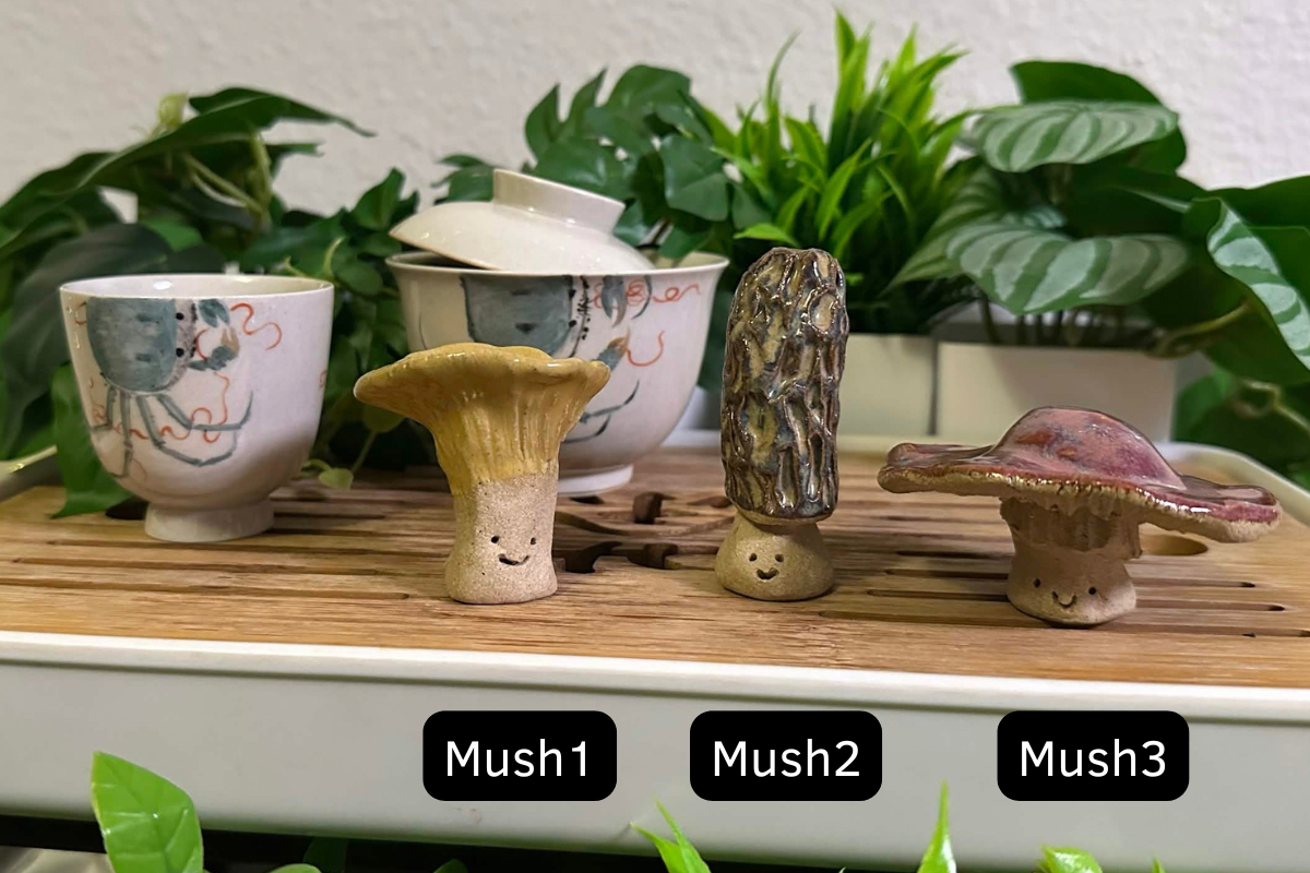 Three mushroom tea pets on a gongfu tray: Mush1 is a chanterelle, Mush2 is a morel, and Mush3 is maybe a red bolete, but I'm not completely sure.