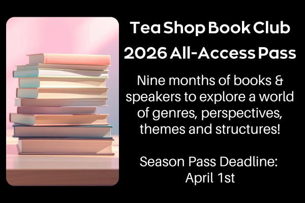 Promotional graphic for Tea Shop Book Club 2026 All-Access Pass with a stack of books on a pink background.