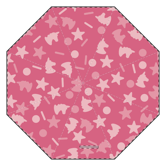 Mock-up of open umbrella top with bright pink unicorn sprinkles design