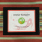 A closed black sample box with Avatar-themed label design on a colorful cloth