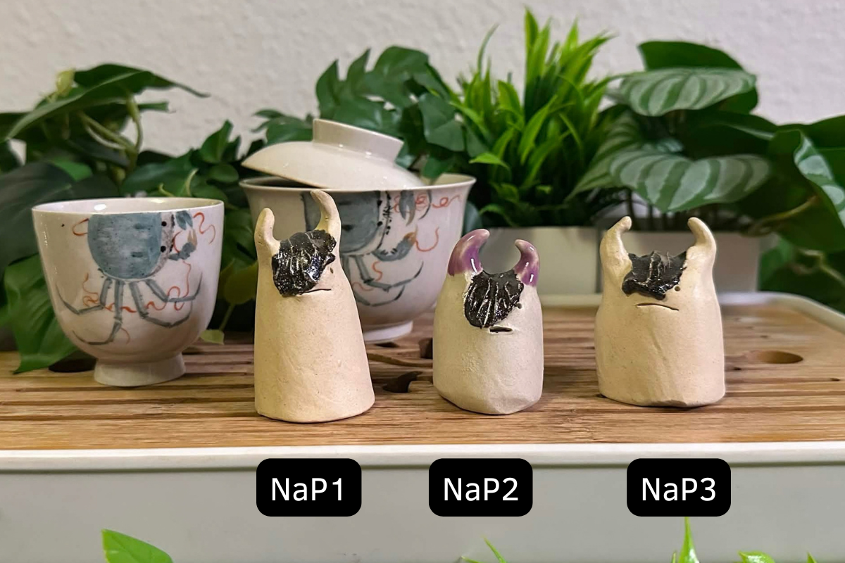 Three demon tea pets labeled NaP1, NaP2, and NaP3. All have lil horns and swoopy emo bangs.