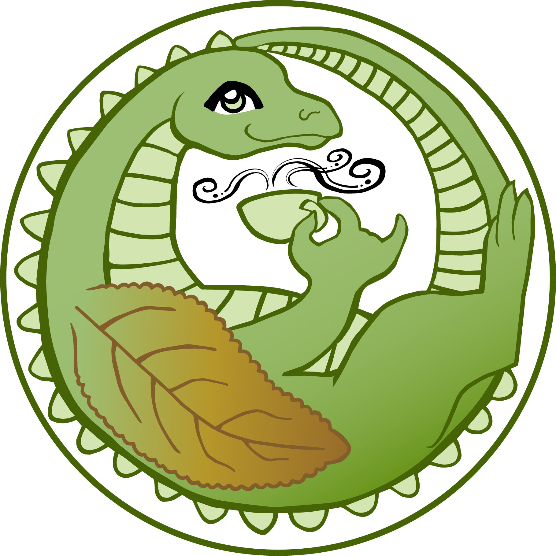 A green dragon with tea leaf wing, curled with tail over head and holding a cup of tea.