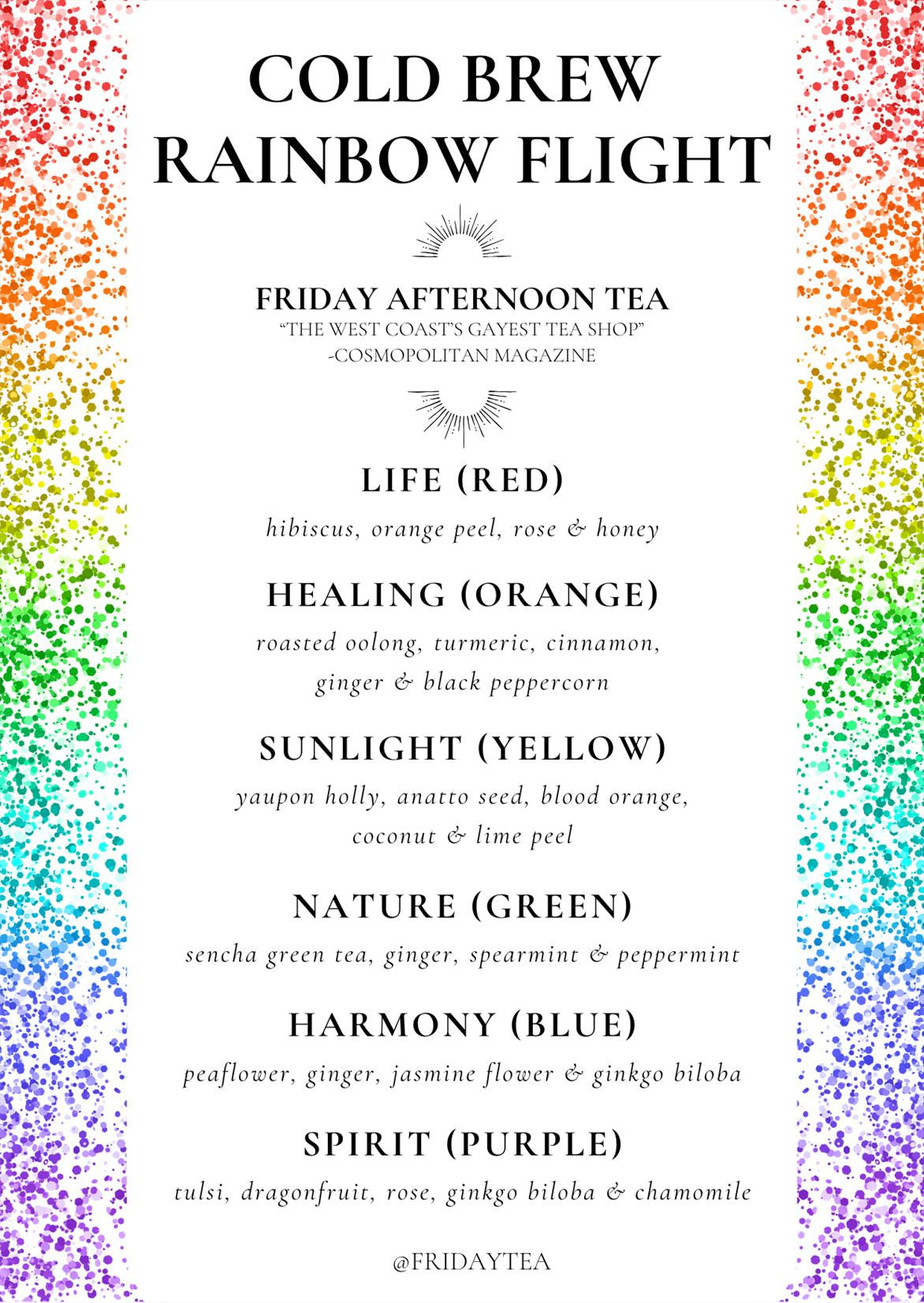Tea menu showing ingredients for all six blends included in flight